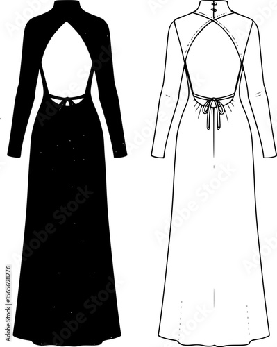 women knitted long sleeve high neck backless maxi dress flat sketch vector technical cad drawing template
