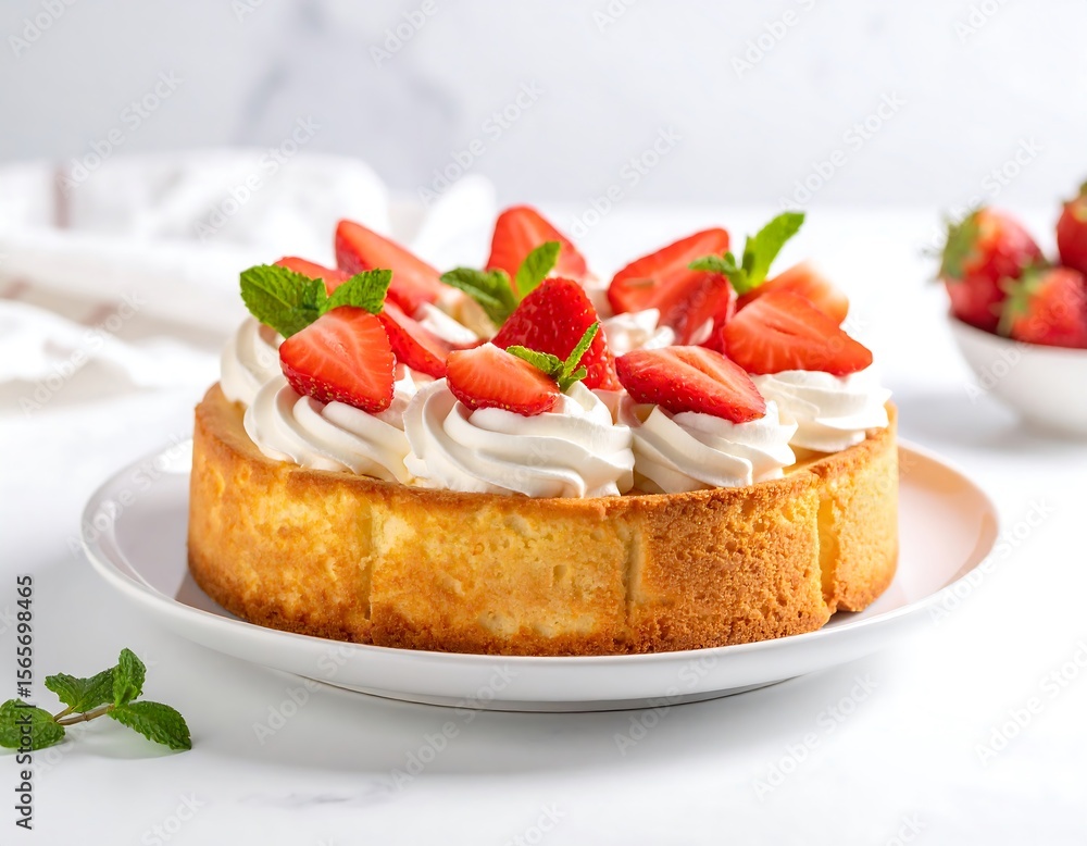 Delicious angel cake with fresh strawberries and whipped cream on a clean white background Delicious angel cake with fresh strawberries and whipped cream on a clean white background