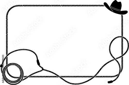 Rope frame with cowboy hat and lasso. Vector wild west illustration isolated on white foe design.
