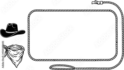 Rope frame with cowboy hat and lasso. Vector wild west illustration isolated on white foe design.
