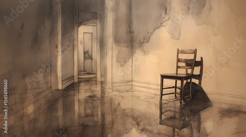 design material for psychological fiction | alignment of lingering presences | evacuated memory | smoky lead and copper grey | frame-in-frame with absence | chair tilted toward shadow | delayed