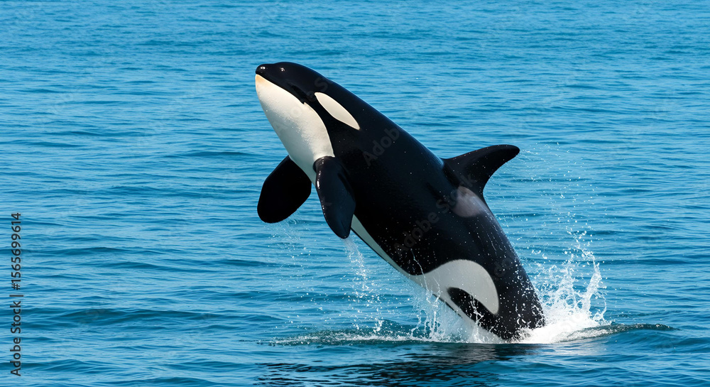 Fototapeta premium Wild Whale Breaching in Blue Sea