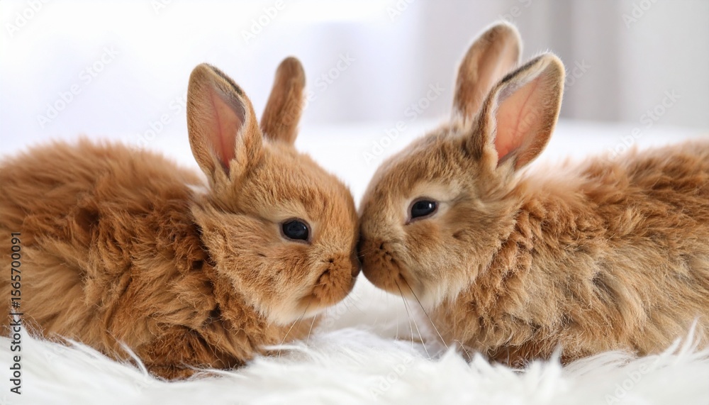 Obraz premium Two Fluffy Rabbits Nuzzling on Light Background