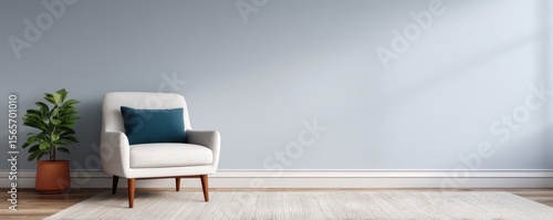 Decluttered home decor idea. Modern living room with gray walls and cozy furniture.