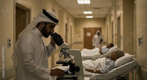 A doctor in traditional Middle Eastern attire meticulously examines a sample under a microscope in a hospital corridor, patients resting nearby.