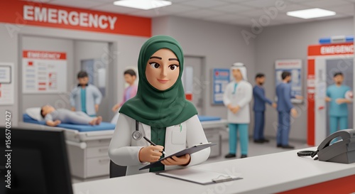 Compassionate female doctor in hijab diligently documents patient information at a bustling hospital emergency room.