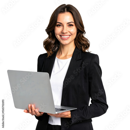 Confident young business woman in a black blazer holding an open laptop, smiling happily on an isolated transparent background.