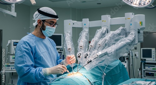 Skilled surgeon uses advanced robotic surgical system during a complex operation in a modern operating room.