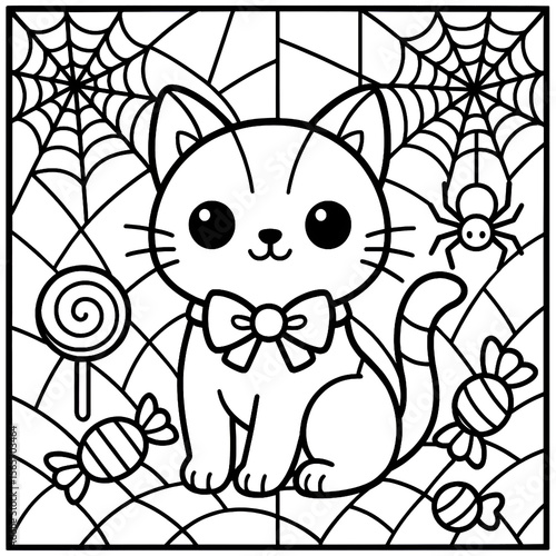 Cute Halloween Cat Coloring Page with Spiderwebs and Candy


