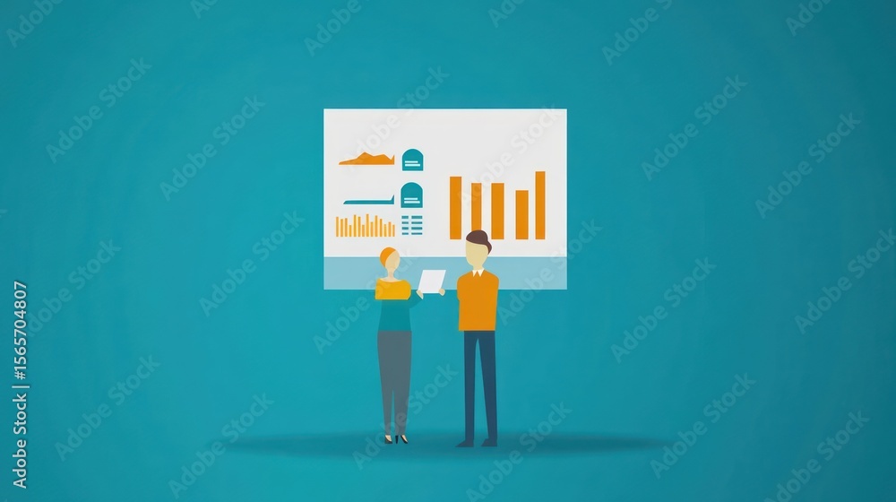 Fototapeta premium Analysts reviewing data charts on presentation, teal background