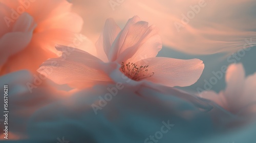 Peach blossom closeup, sunset glow, soft focus, floral background, website banner
