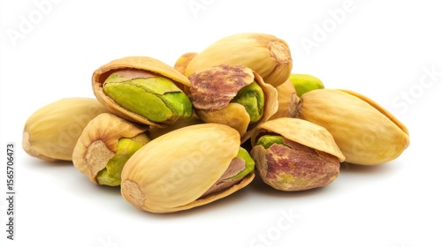 Roasted pistachios, shelled, studio shot, white background, food photography, snack