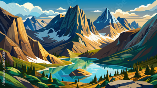 In Rocky Mountain National Park, alpine lakes sparkle below dramatic peaks, with elk grazing peacefully in the valley and crisp air surrounding the scene.