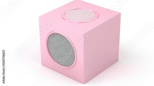Pink cube speaker playing music on white background, product shot