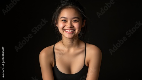 Happy Asian Teen Studio Portrait, Black Background