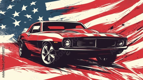 American Muscle Car: A Classic Red Camaro Against a Patriotically Painted American Flag