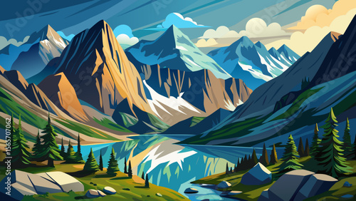 In Rocky Mountain National Park, alpine lakes sparkle below dramatic peaks, with elk grazing peacefully in the valley and crisp air surrounding the scene.