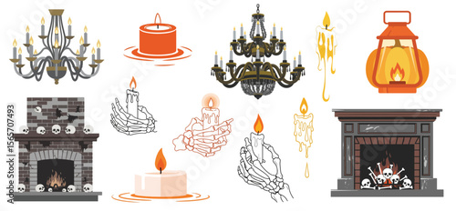 Decorative candlelight elements and fireplace concept of Halloween  