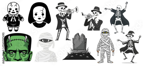 Halloween-themed characters including skeletons, mummies, and monsters  