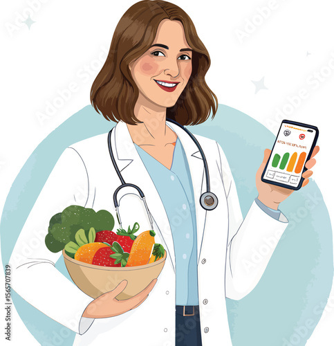 Doctor showing nutrition app with healthy food bowl for diet and wellness consultation concept
