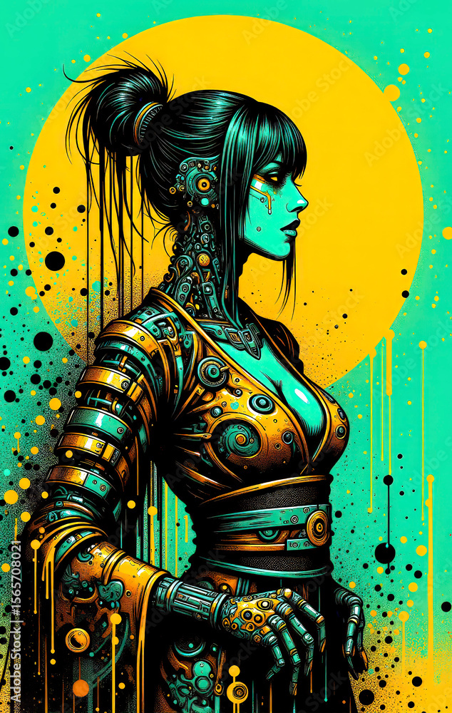 Fototapeta premium mujer, moda, vector, beldad, antique, arte, ilustración, señora, cabello, modelaje, cara, gótica, cybor. arte japones