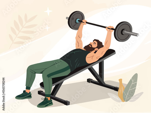 Man doing bench press exercise for chest workout strength training fitness and healthy lifestyle routine