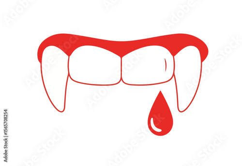 Red vampire fangs with blood drop on white background for Halloween  