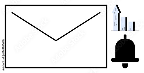 Envelope signifying email, rising bar chart showing growth, and bell for alert notification. Ideal for communication, marketing, progress tracking, business growth, data updates, reminders simple