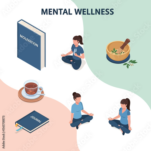 Isometric illustration showing mental wellness activities: meditation, journaling, reading, tea, and herbal remedies.