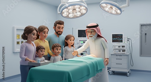 A heartwarming animation depicting a family's joyful anticipation in a modern operating room, as a doctor reassures them.