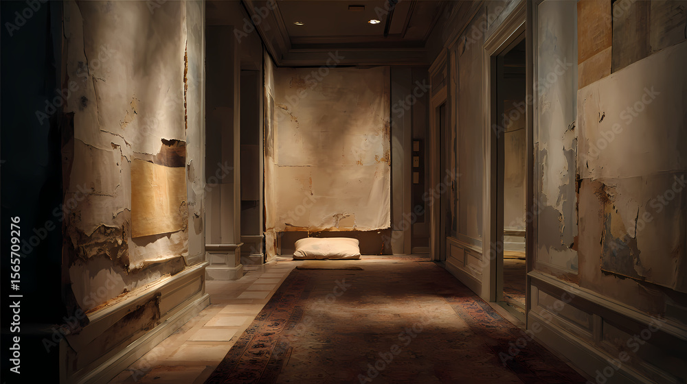 Fototapeta premium visual essay on residue and presence | postural echo in private architecture | inertial nostalgia | tarnished ivory beneath candle blush | diminished central gravity | imprint of absent figure on
