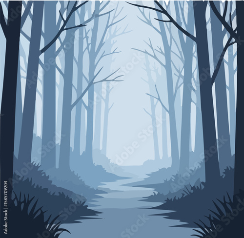 Dark foggy forest pathway with bare trees in autumn setting  