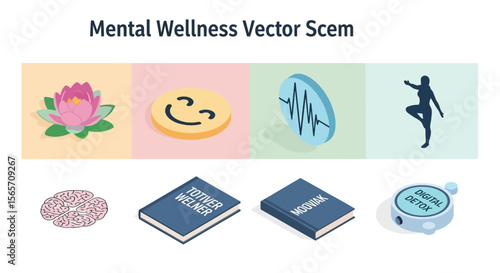 Isometric icons representing mental wellness strategies, including lotus flower, happy face, heart rate, exercise, brain, journal, and timer.