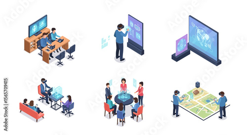 Isometric illustrations of diverse groups interacting with futuristic technology in various settings.