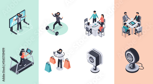 Isometric illustrations depict modern lifestyle activities: virtual meetings, online fitness, remote work, and e-commerce shopping.