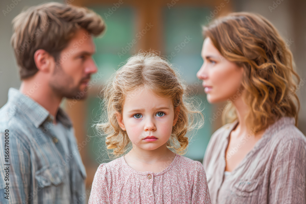 Fototapeta premium Young girl stands between parents with serious expressions in a soft, emotional family scene