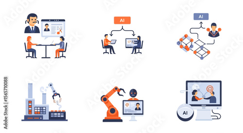 A collection of flat design icons depicting various applications of artificial intelligence, including human-AI interaction, robotic automation, and virtual meetings.