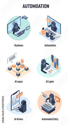 Isometric illustrations depicting robots performing various tasks like data analysis, entry, and business operations.