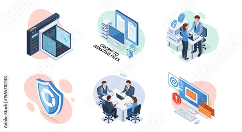 Isometric illustrations of data security, encryption, and business collaboration.