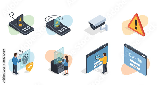 Isometric illustrations of security systems including card readers, surveillance camera, warning sign, fingerprint scan, and login screens.
