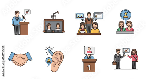 Diverse communication and public speaking icons illustrate various presentation styles, discussions, and interpersonal interactions.