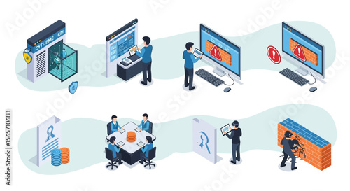 Isometric illustration depicts various scenes of cybersecurity and data protection measures.