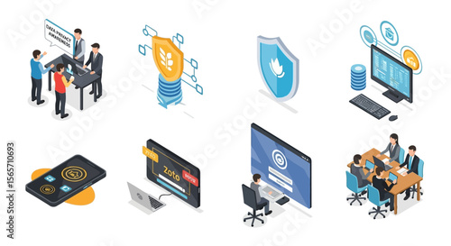 Isometric illustrations depicting business meetings, cybersecurity, data protection, and digital technology concepts.