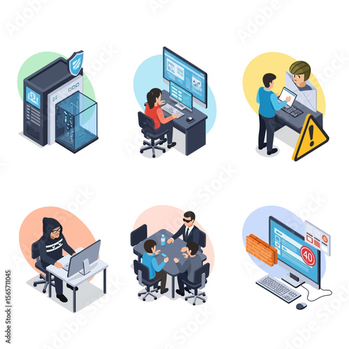 Cybersecurity threats and protective measures: isometric illustrations of hackers, security personnel, and data breaches.