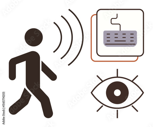 Person walking with sound waves, keyboard, and eye icon symbolizing accessibility, technology, vision. Ideal for inclusion, innovation, assistive tech, mobility modern design futuristic themes