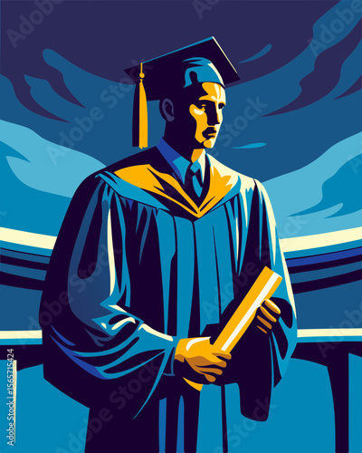 Graduate in Cap and Gown Holding Diploma Against Dramatic Background for Education Blogs, Graduation Websites, Achievement Awareness, and Career Development Resources  