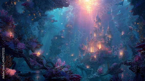 Magical underwater castle fantasy scene