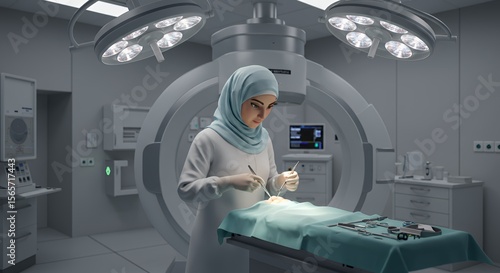 Focused surgeon in hijab performs delicate surgery in a modern operating room.