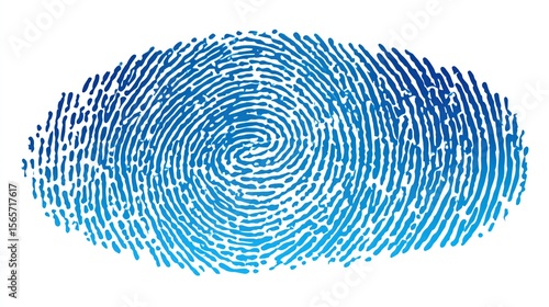 A detailed, stylized fingerprint image, showing the whorl pattern in shades of blue against a white background