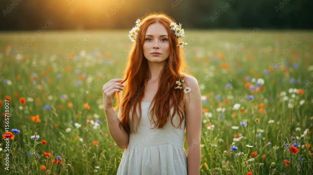 Woman with red hair and flowers in a field for kupala and summer solstice pagan ritual footage. Woman with red hair and flowers in a field for kupala and summer solstice pagan ritual footage.